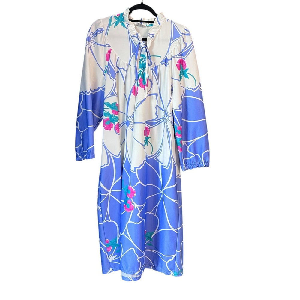 Granada Vintage Floral Dress Small Blue Pink 70s Caftan Granny grandma